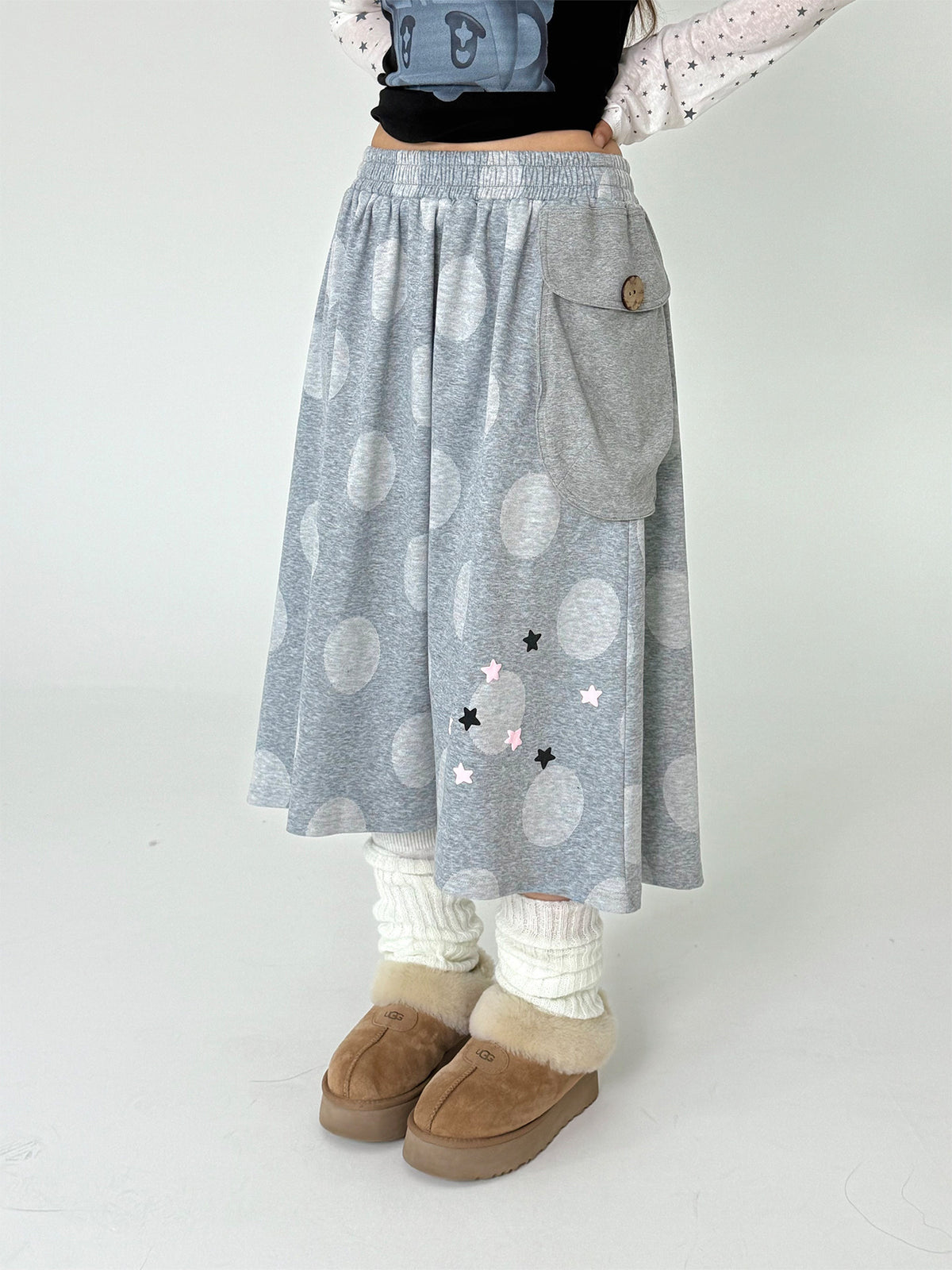 Star Detail Polka Dot Pocket Midi Skirt