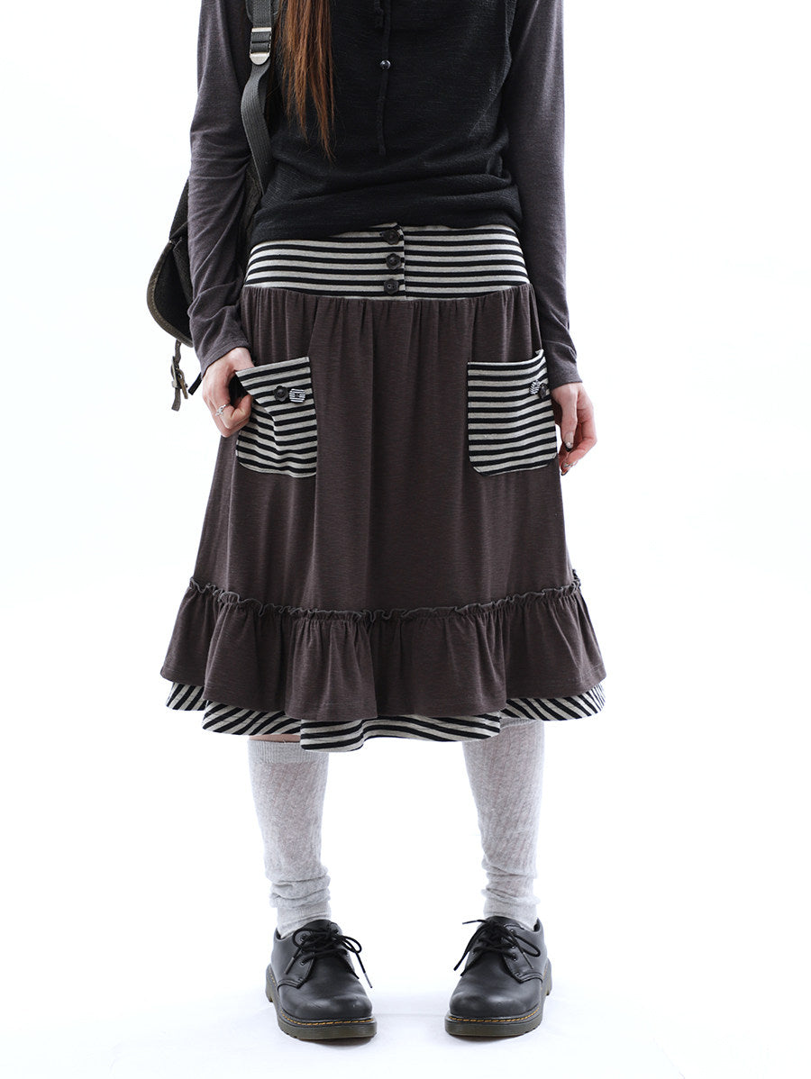 Striped Pocket Ruffle Layered Midi Skirt