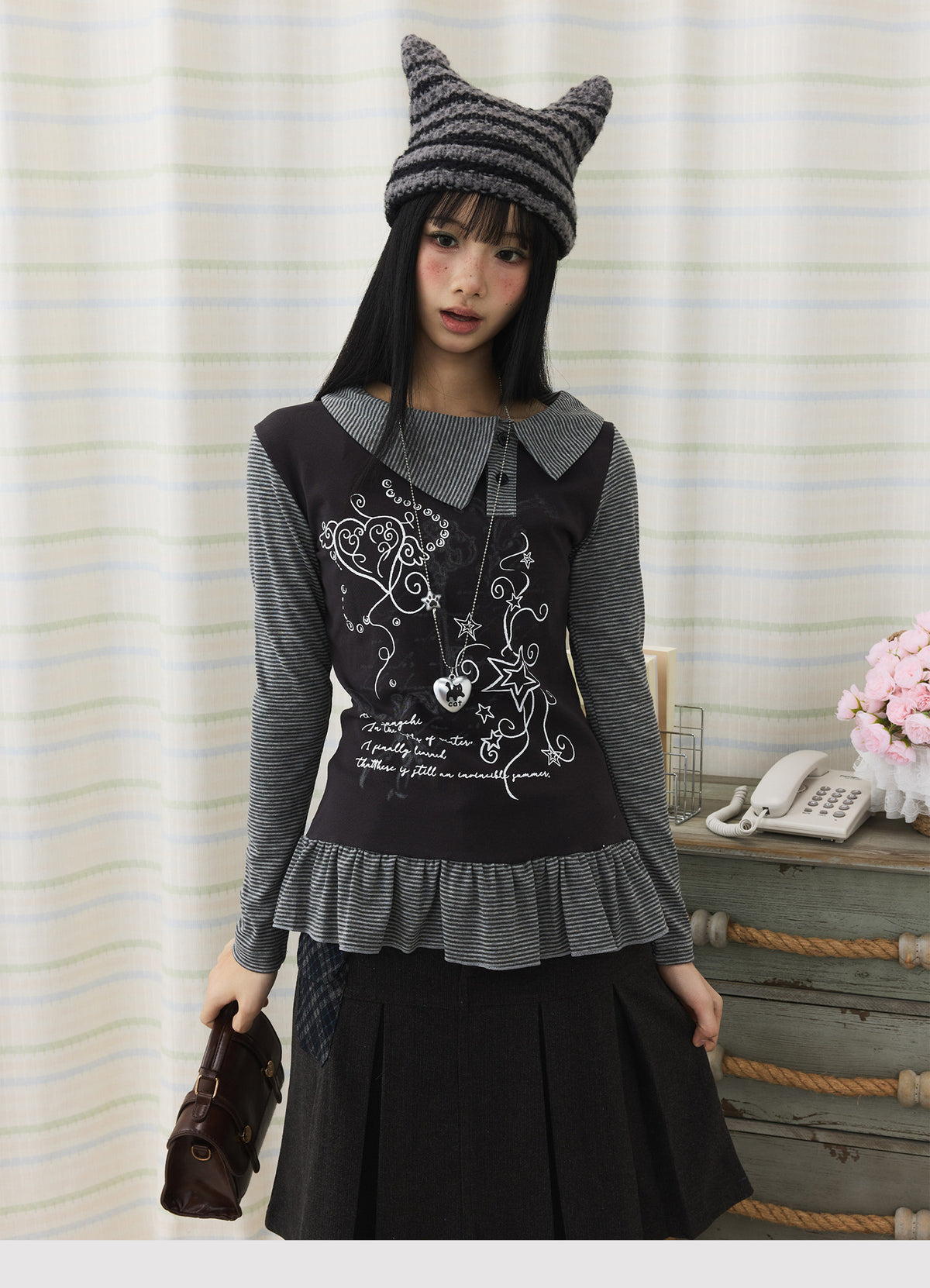 Graphic Stripe Faux-Layer Ruffle-Hem Long Sleeve Top