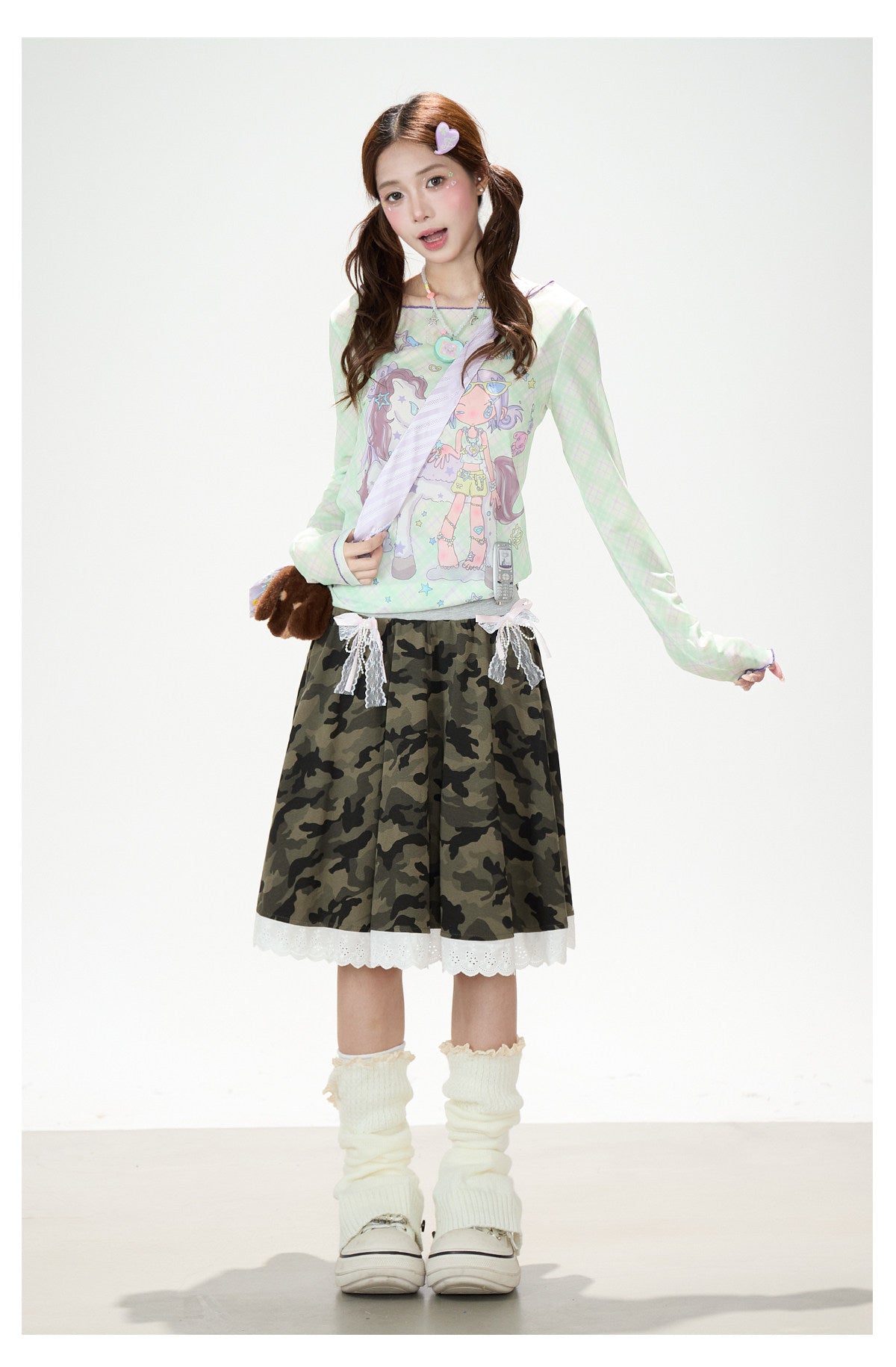 Pastel Anime Plaid Long Sleeve Top & Camo Lace-Trim Midi Skirt