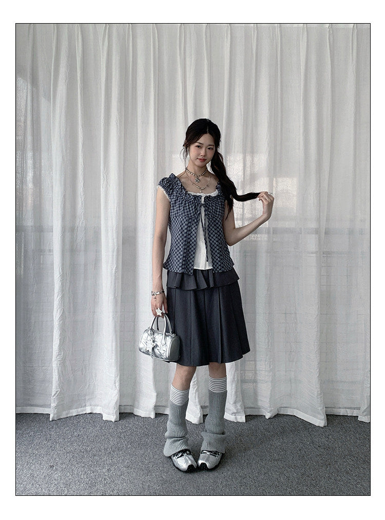 Gray Plaid Tie-Front Layered Puff-Sleeve Top