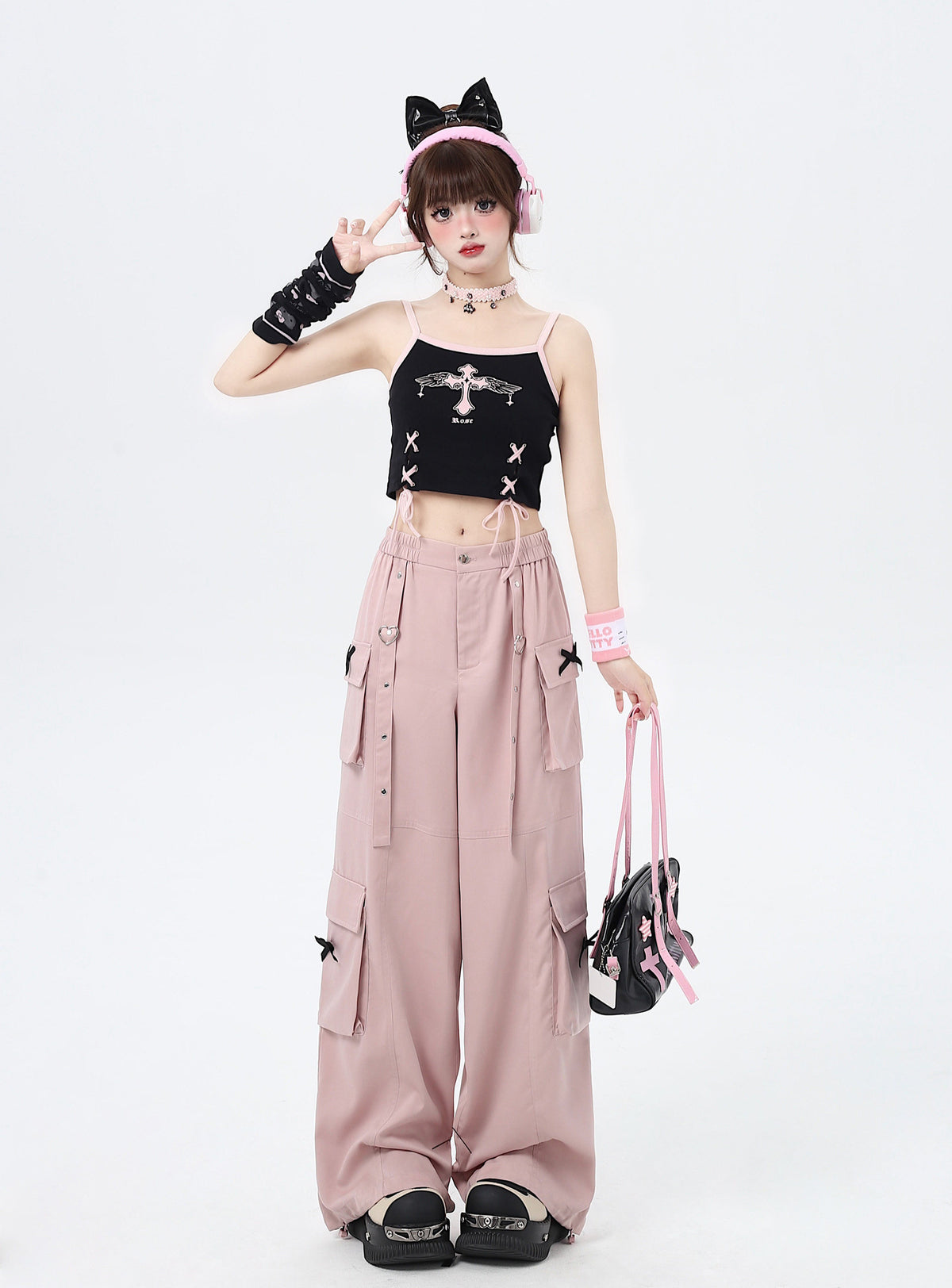 Heart Bow Pocket Wide-Leg Cargo Pants