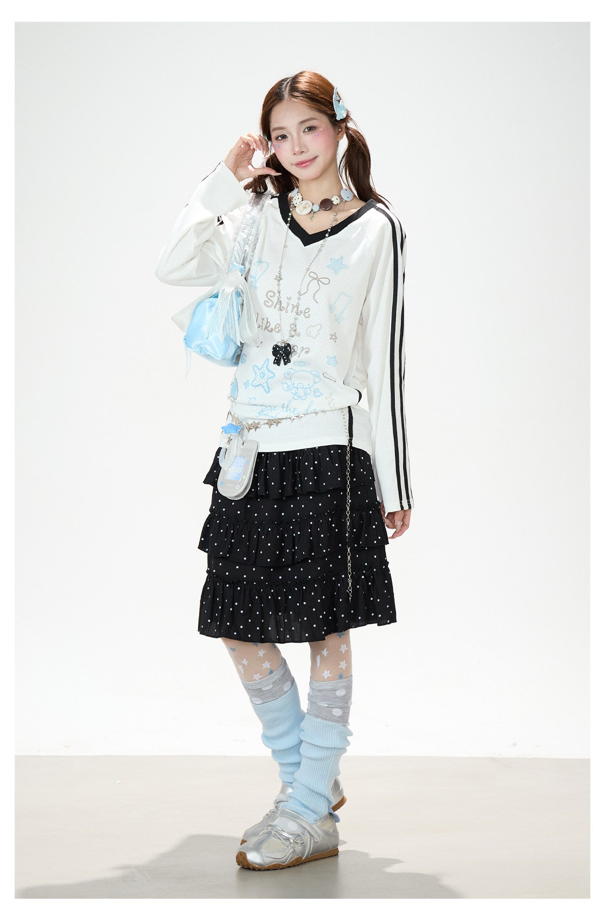 Dreamy Doodle V-Neck Long Sleeve Top & Polka Dot Tiered Ruffle Skirt