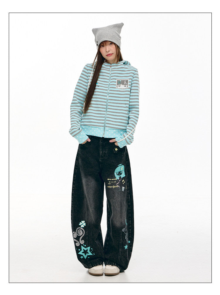 Washed Black Cartoon Music Note Barrel-Leg Jeans