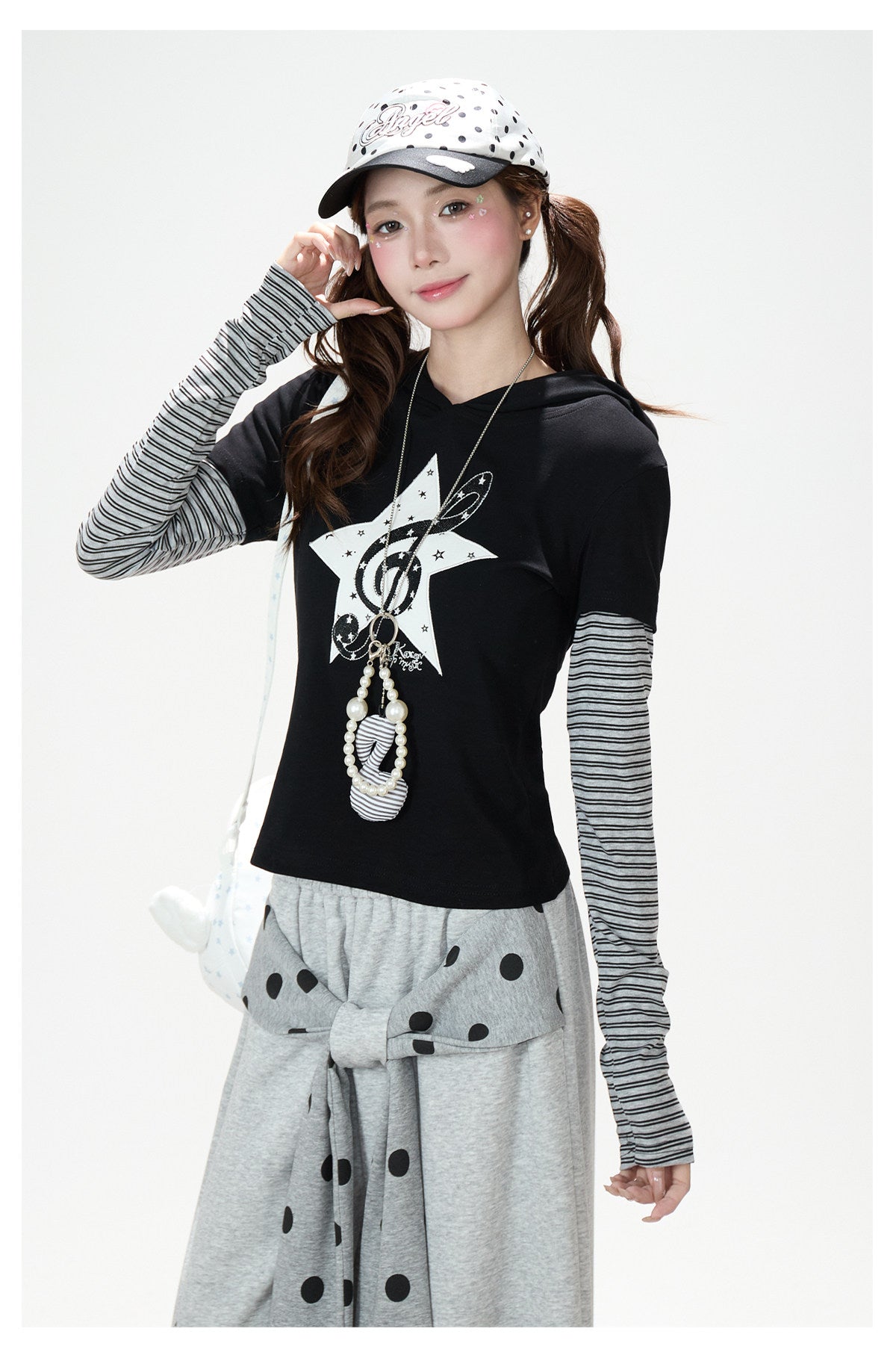 Music Note Star Layered Hoodie Top & Polka Dot Tie-Waist Wide-Leg Pants