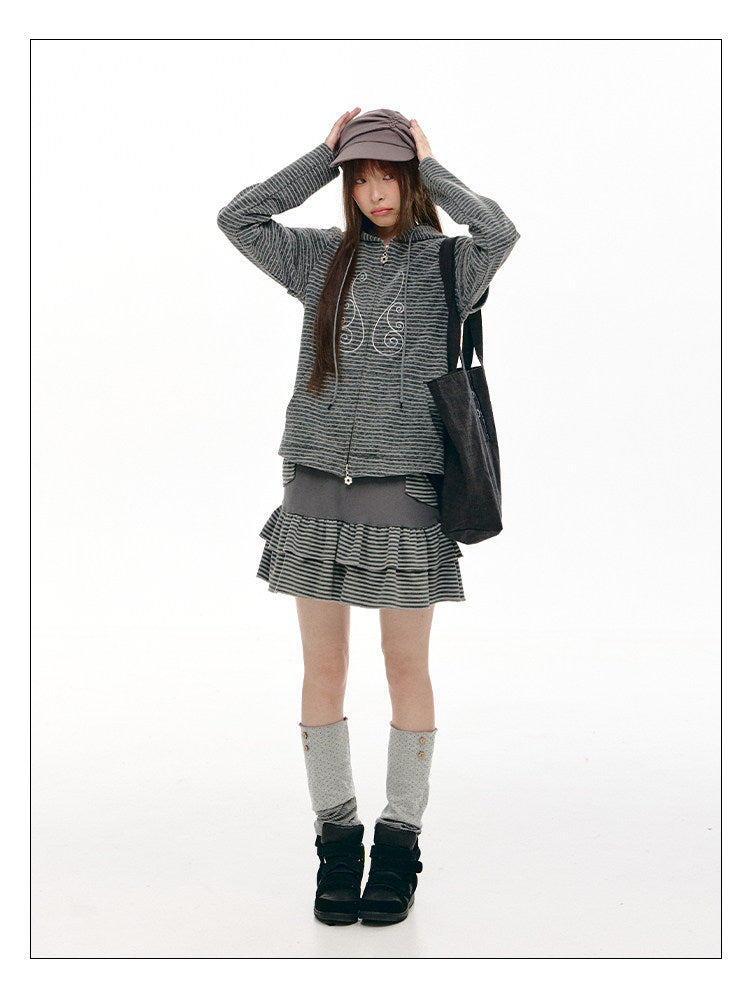 Charcoal Stripe Double-Ruffle A-Line Mini Skirt