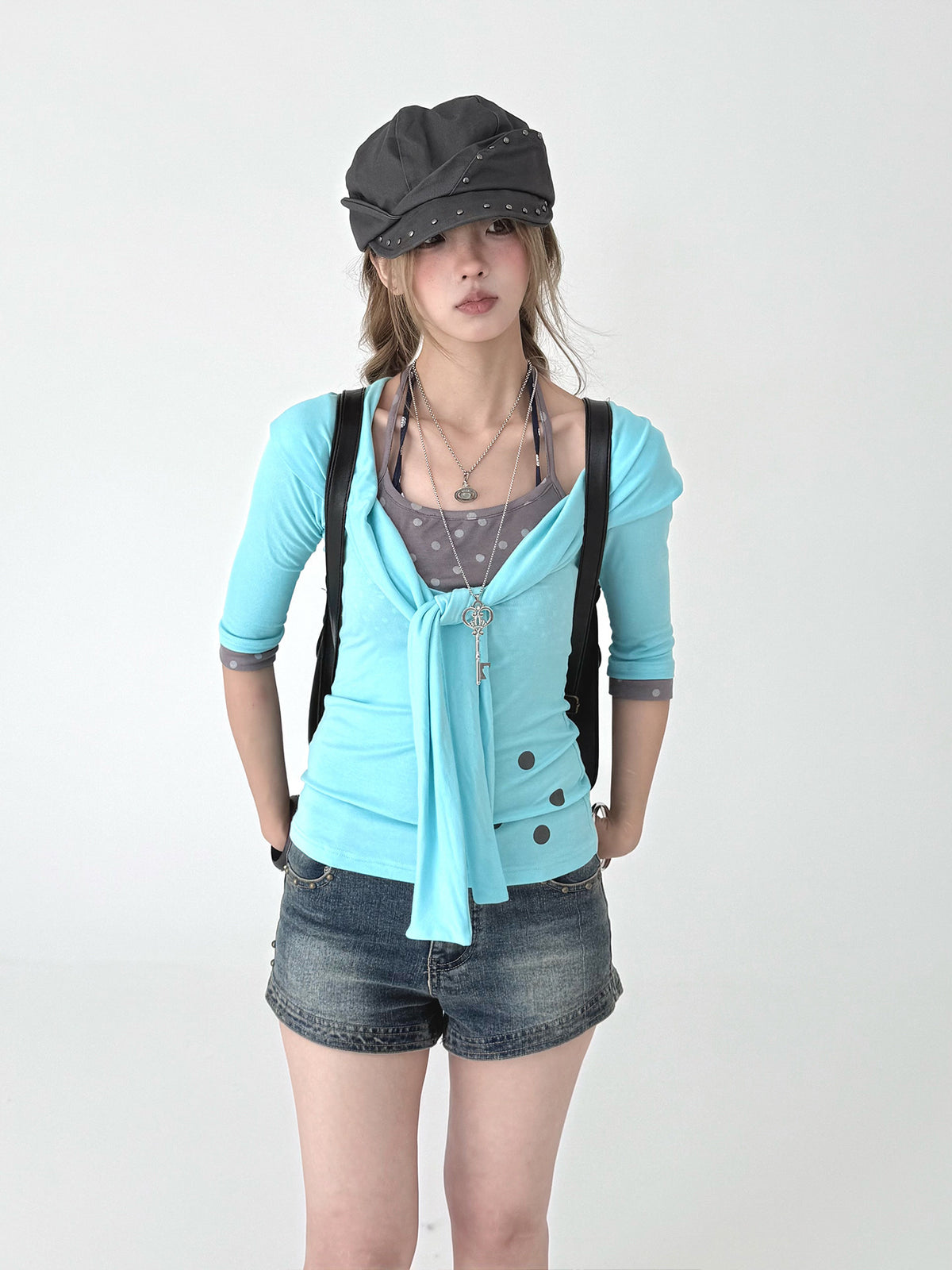 Aqua Tie-Front Faux Layered Henley Top