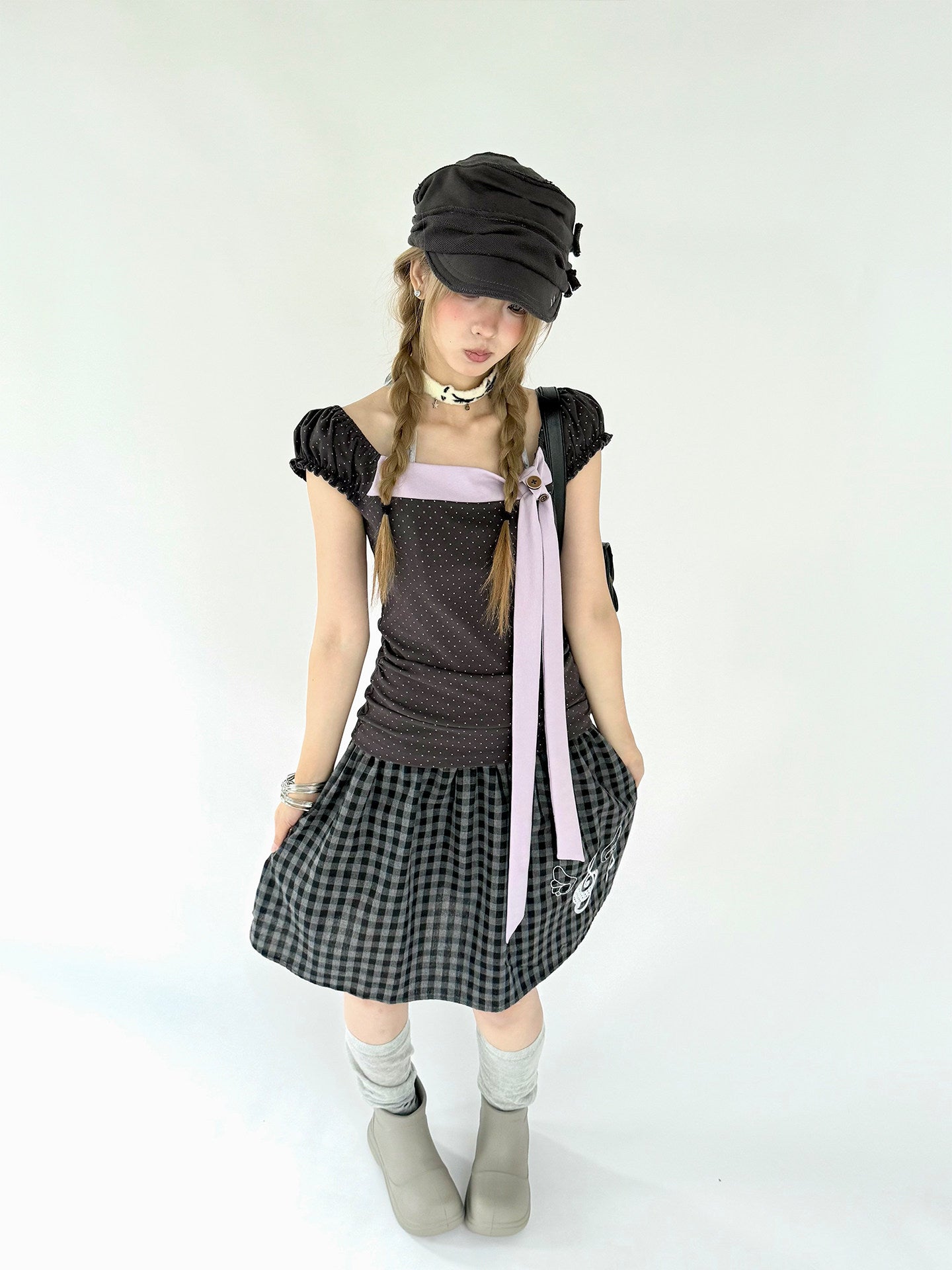 Lavender Bow Polka Dot Fitted Puff-Sleeve Top