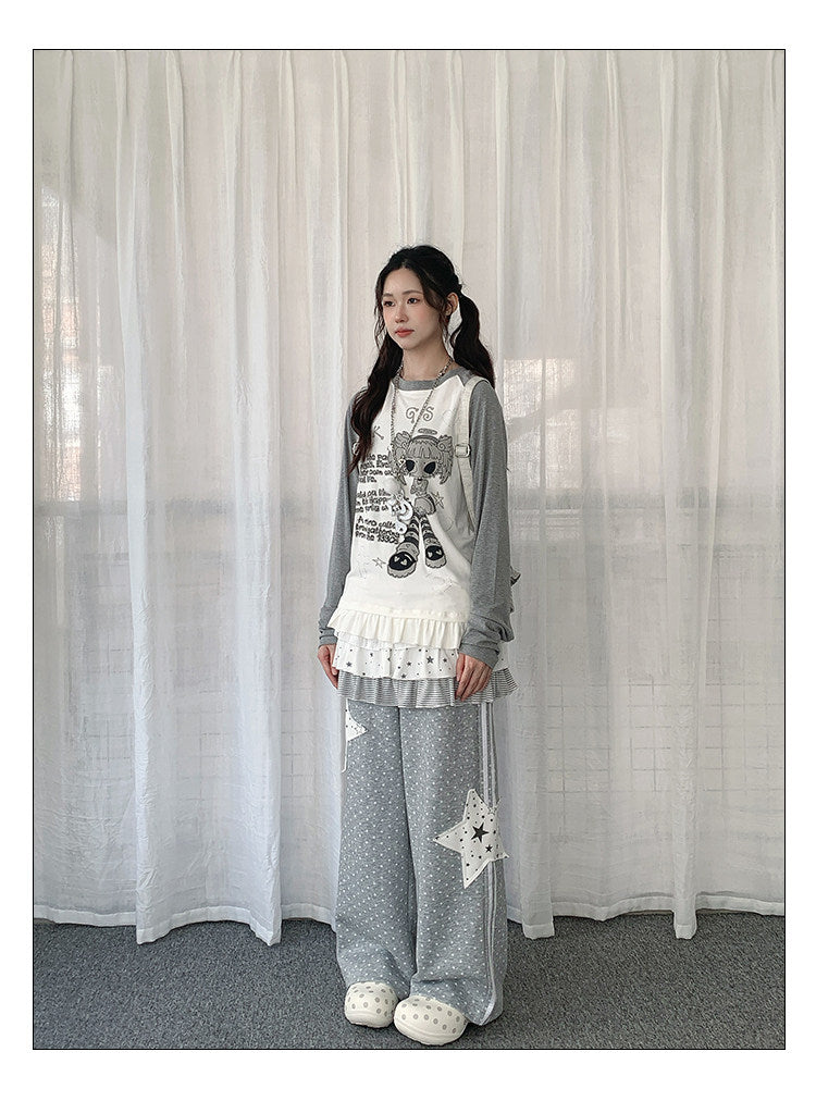 Angel Girl Graphic Raglan Ruffle Long Sleeve Top