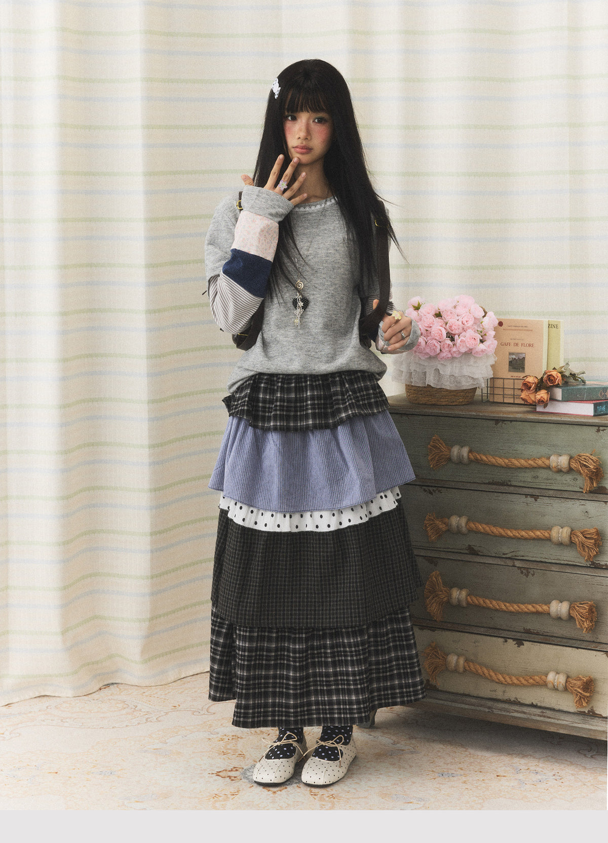 Lace-Trim Patchwork Faux-Layered Long Sleeve Top