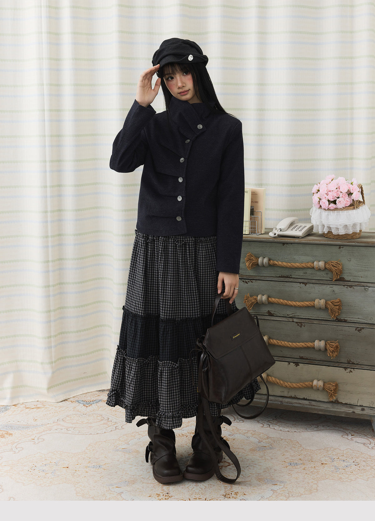 Asymmetric Pleated Collar Cropped Button Jacket