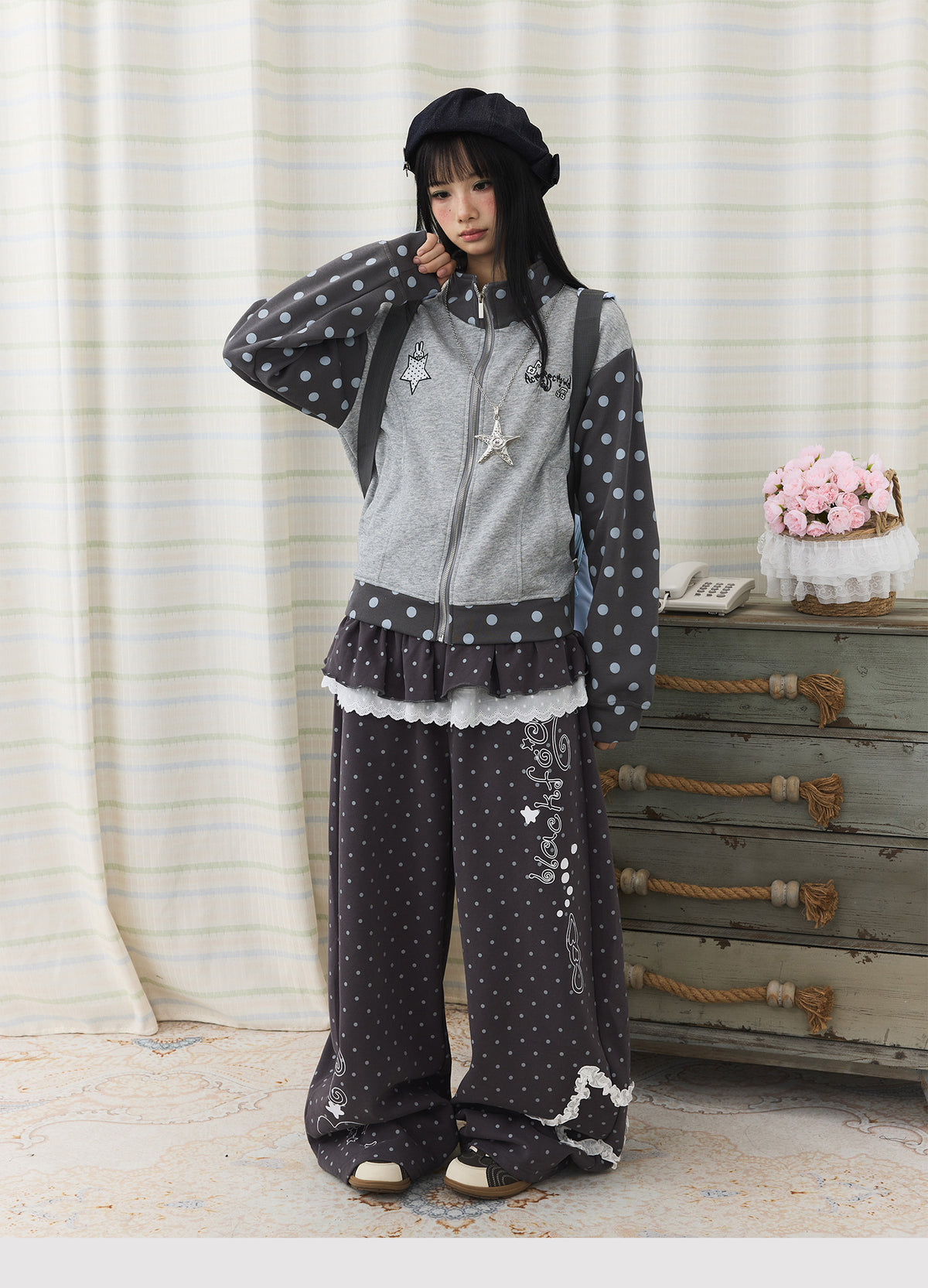 Polka Dot Lace Ruffle-Layer Wide-Leg Pants