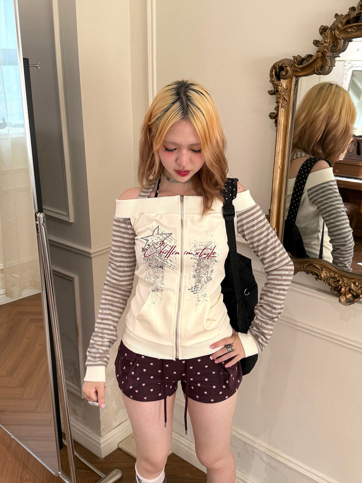 Ivory Off-Shoulder Stripe Zip-Up Long Sleeve Top