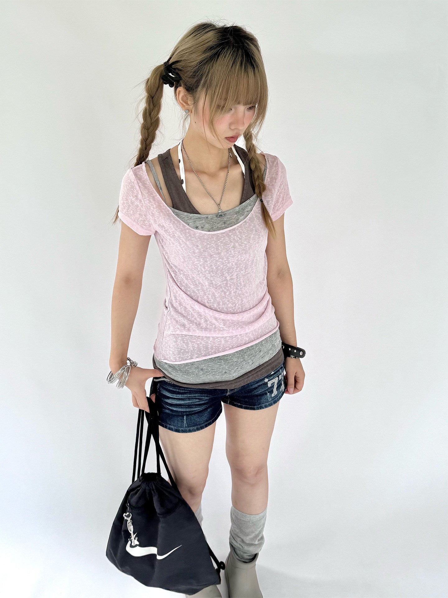 Pink Gray Triple-Layer Fitted Tee