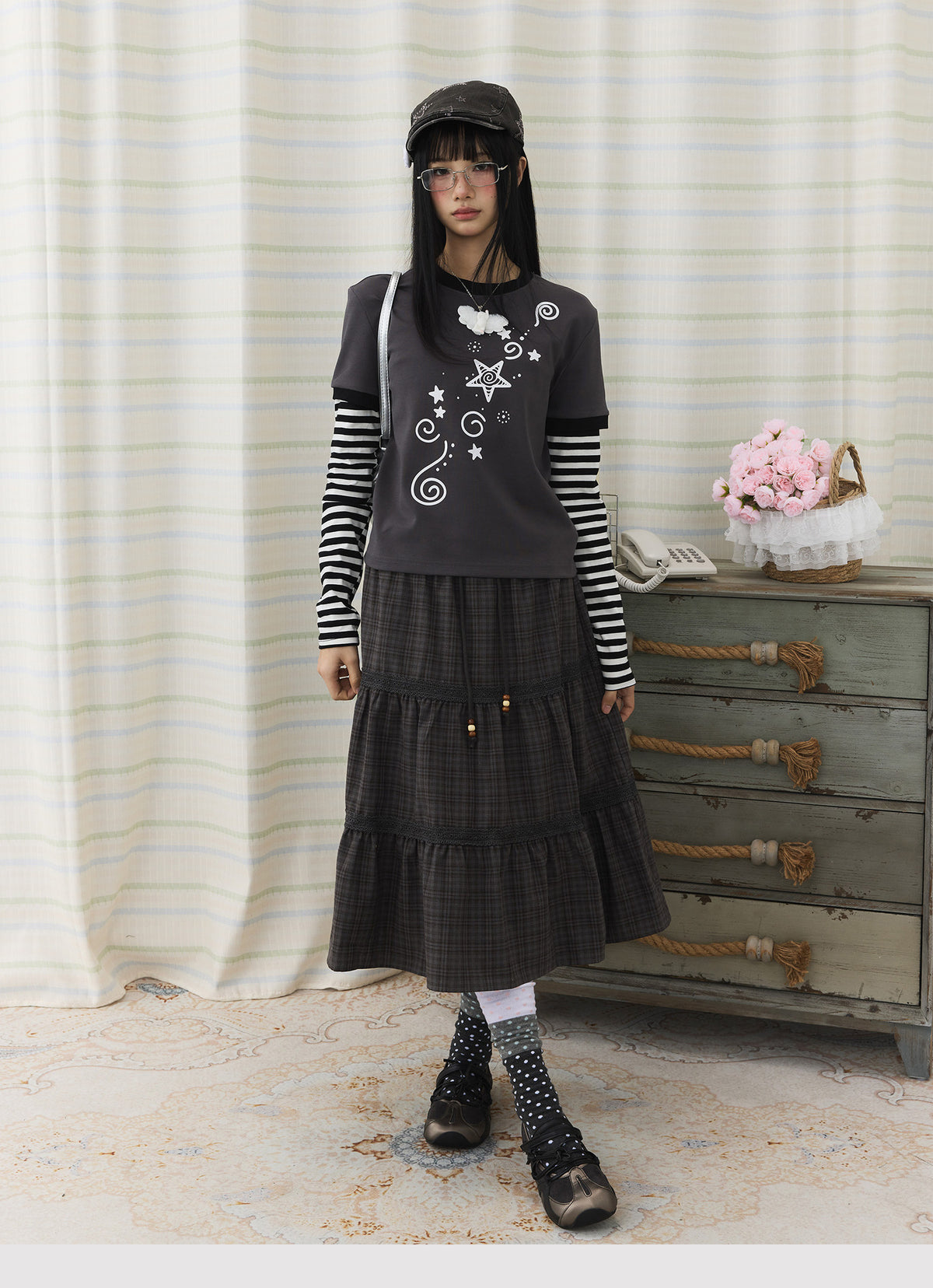 Plaid Tiered Lace Trim Midi Skirt
