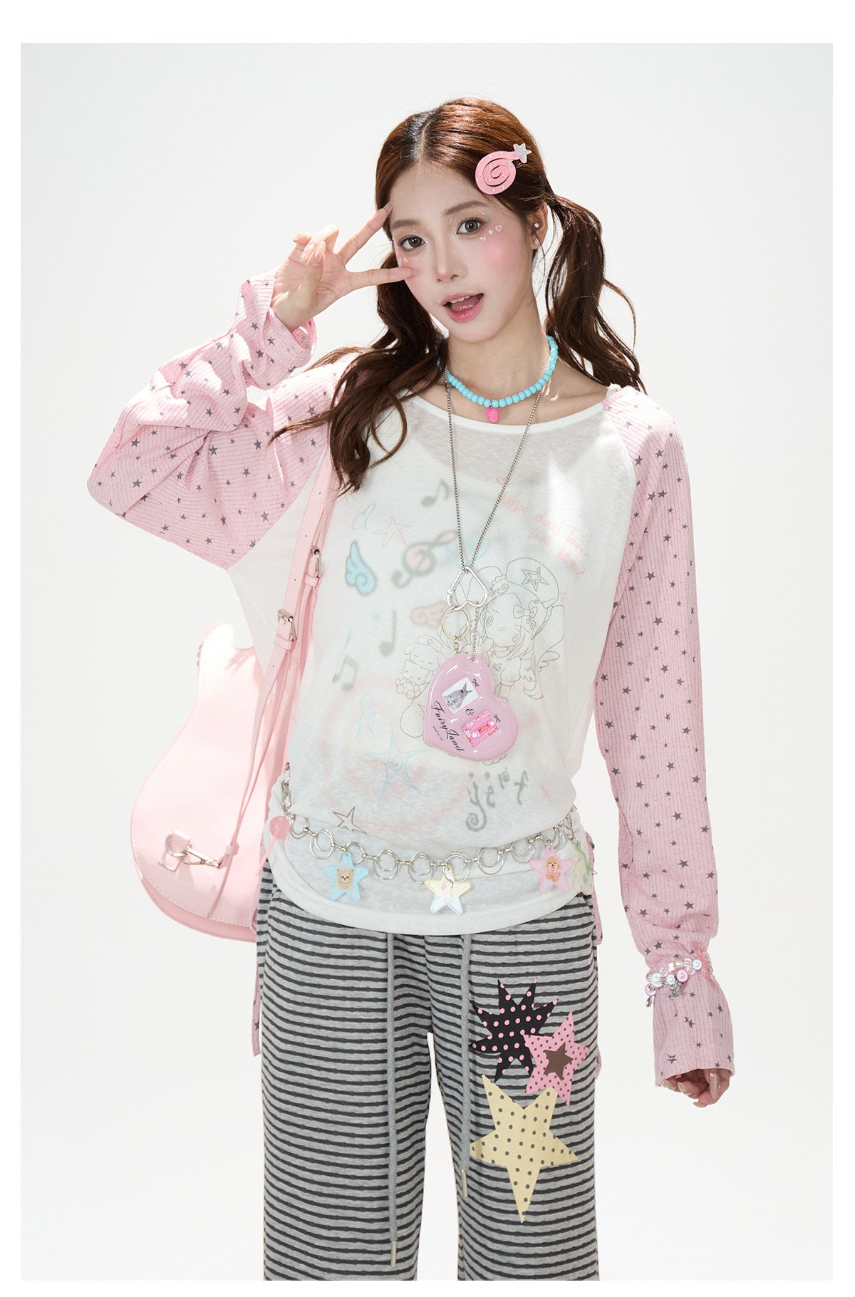 Dreamy Star Raglan Long Sleeve Top & Gray Striped Star Flare Pants