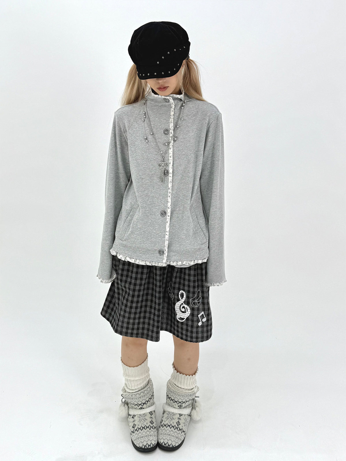 Floral-Trim Stand Collar Button Cardigan