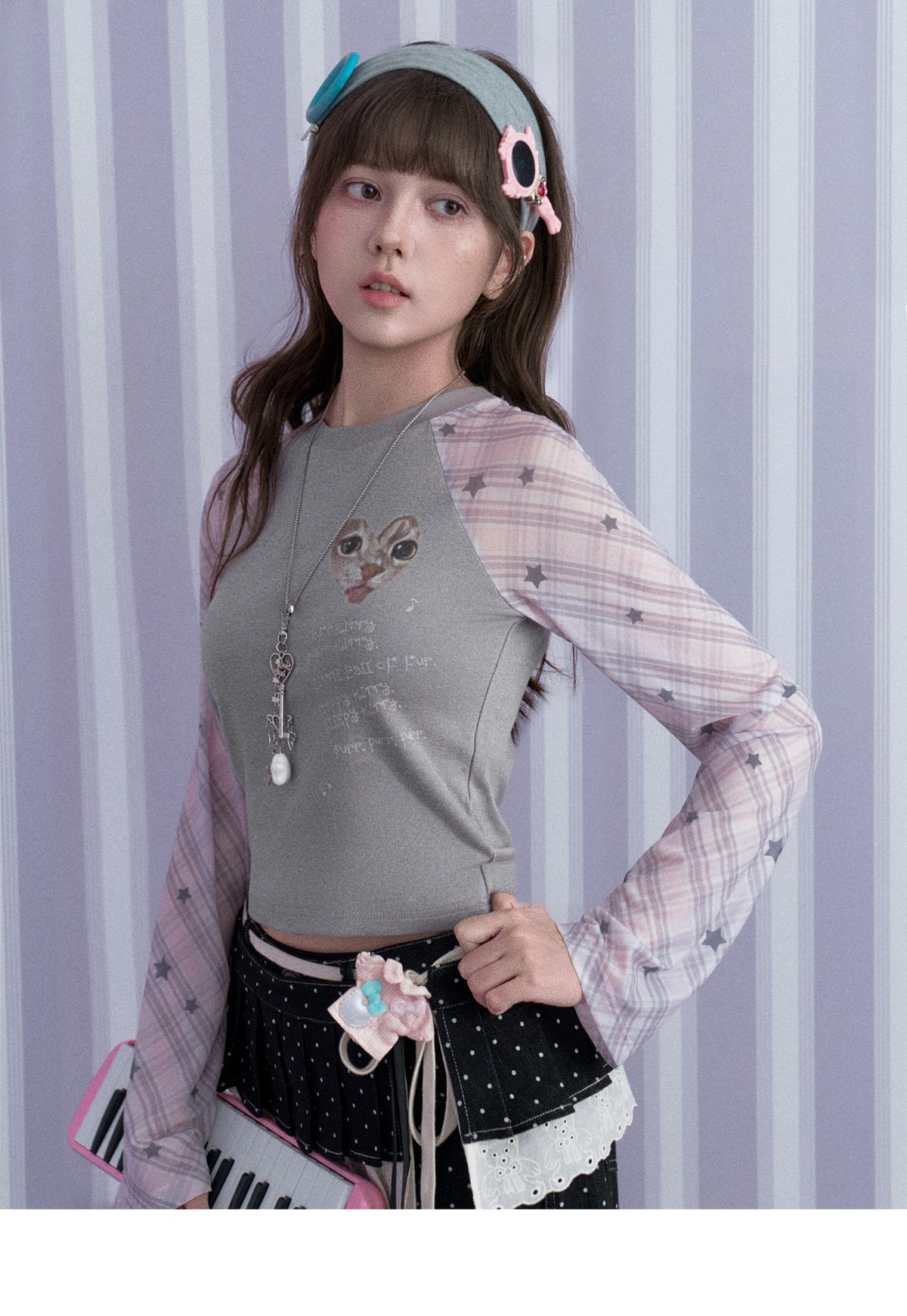 Gray-Pink Kitty Plaid Mesh Raglan Long-Sleeve Top