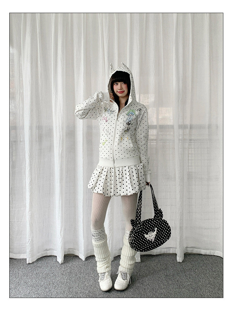 Polka Dot Devil-Horn Cartoon Girl Zip Hoodie