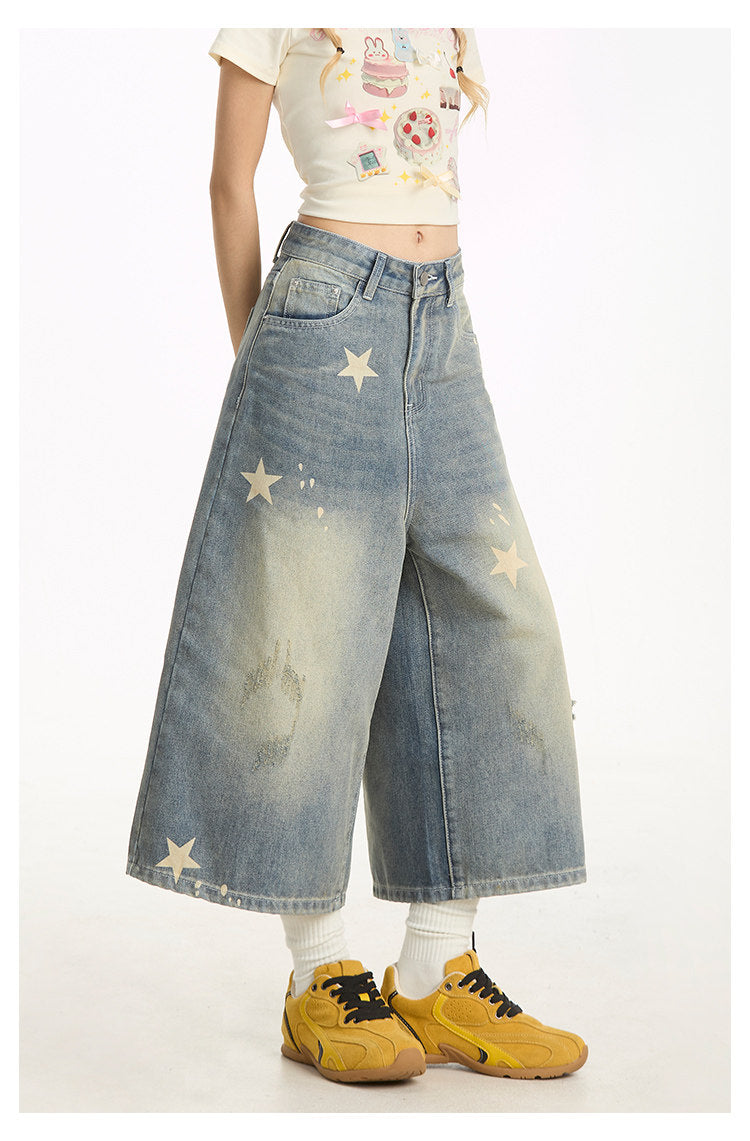 Washed Star Print Wide-Leg Denim Capri Pants