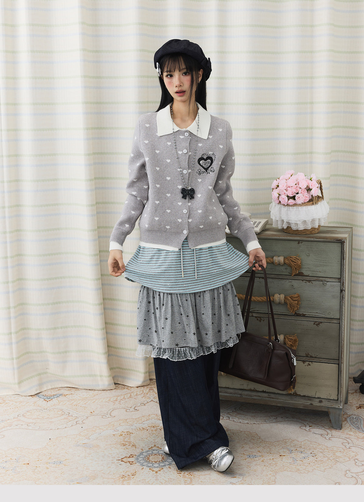 Star Stripe Layered Skirt Wide-Leg Pants