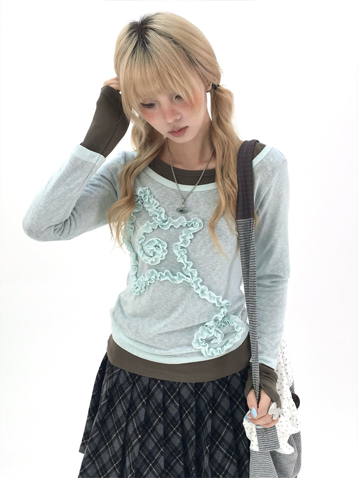 Mist Aqua Ruffle Star Faux-Layer Long Sleeve Top