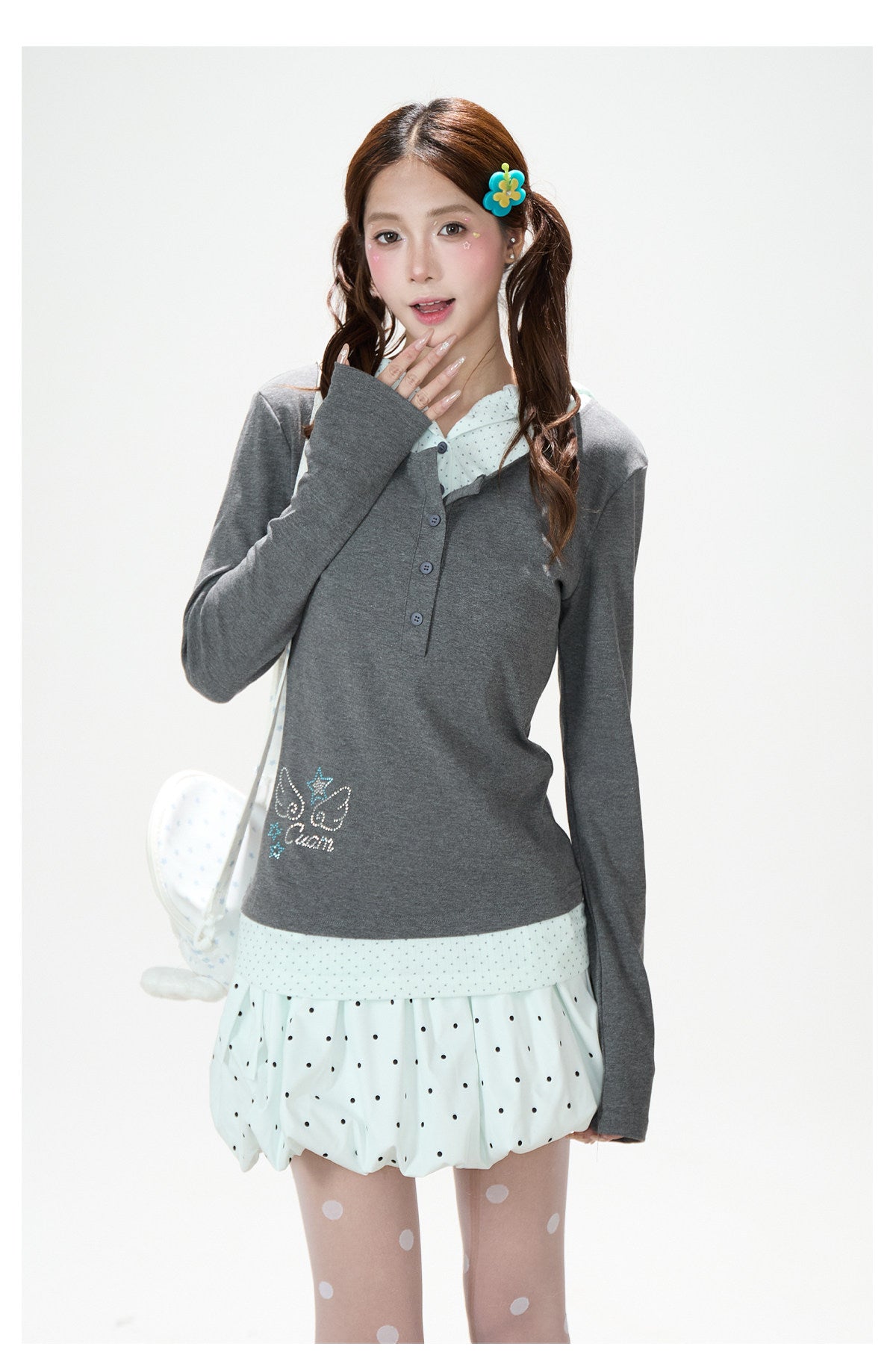 Polka Dot Layered Hooded Long Sleeve Top & Lace-Trim Bubble Mini Skirt