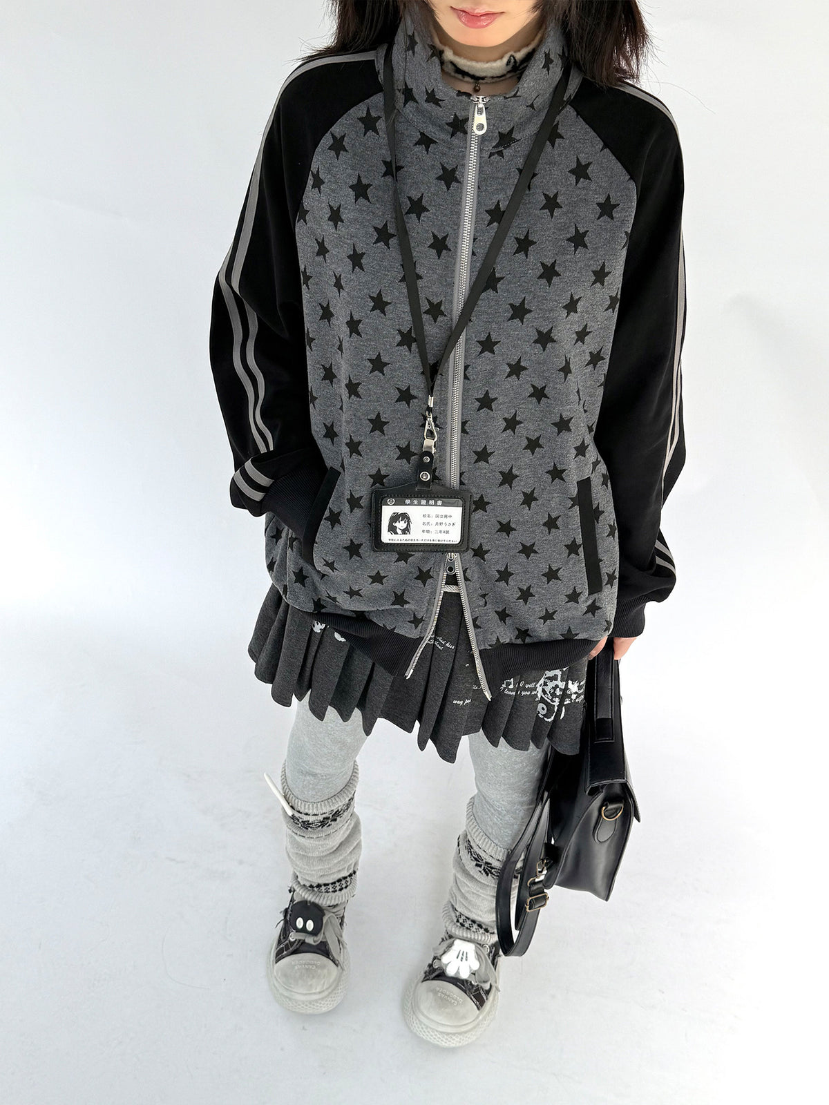 Charcoal Star Double-Zip Mock Neck Jacket