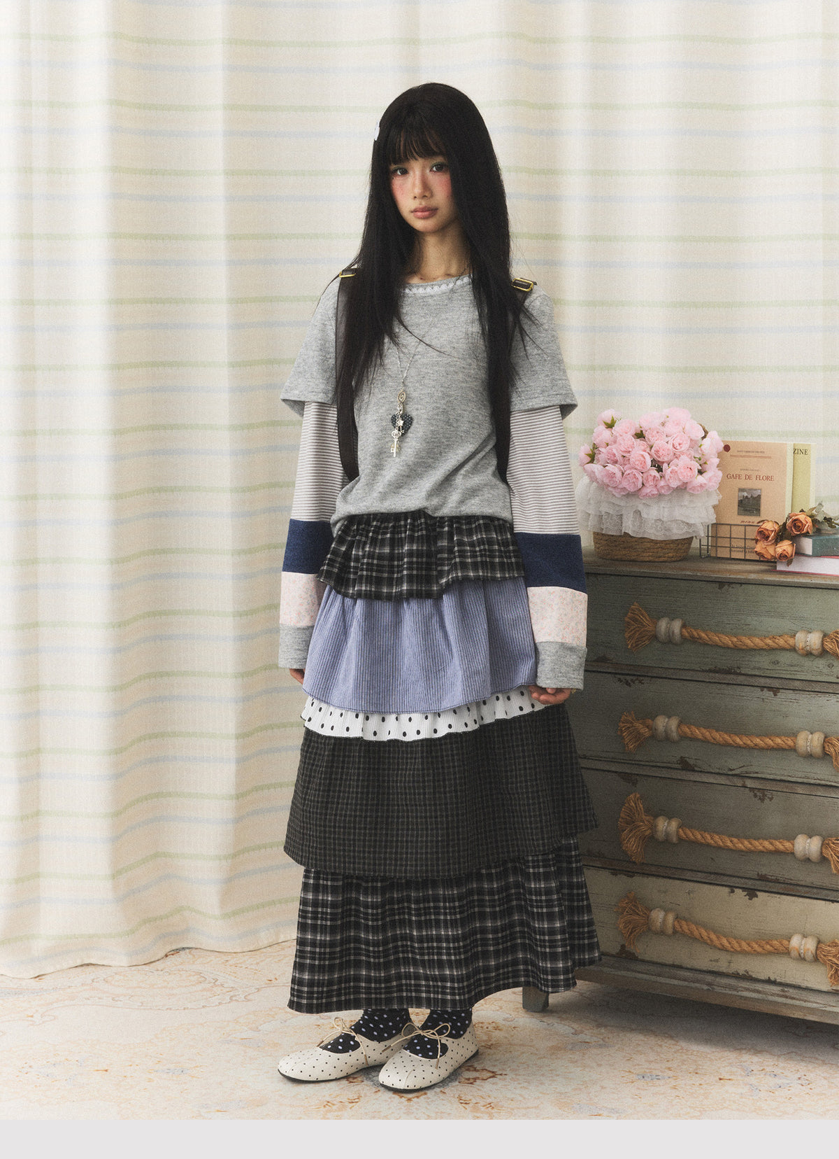 Mixed Plaid Tiered Patchwork Midi Skirt