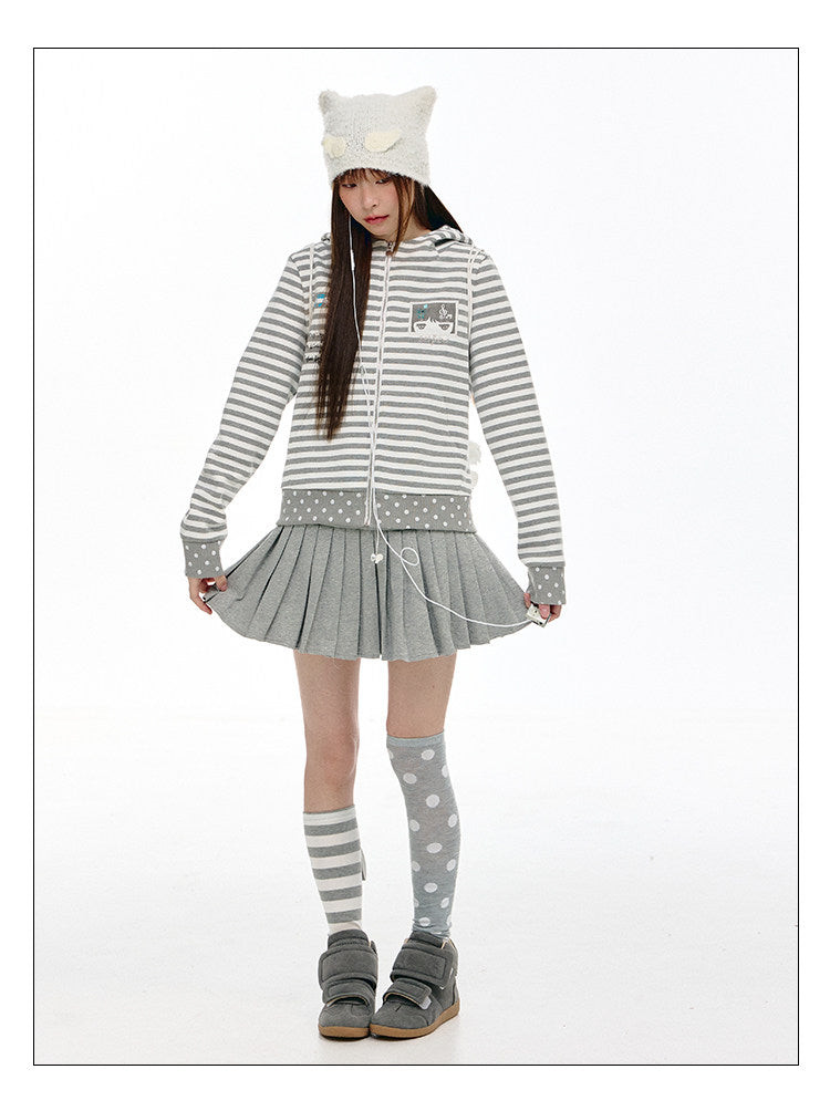 Mint & Gray Stripe Cat-Ear Zip Hoodie