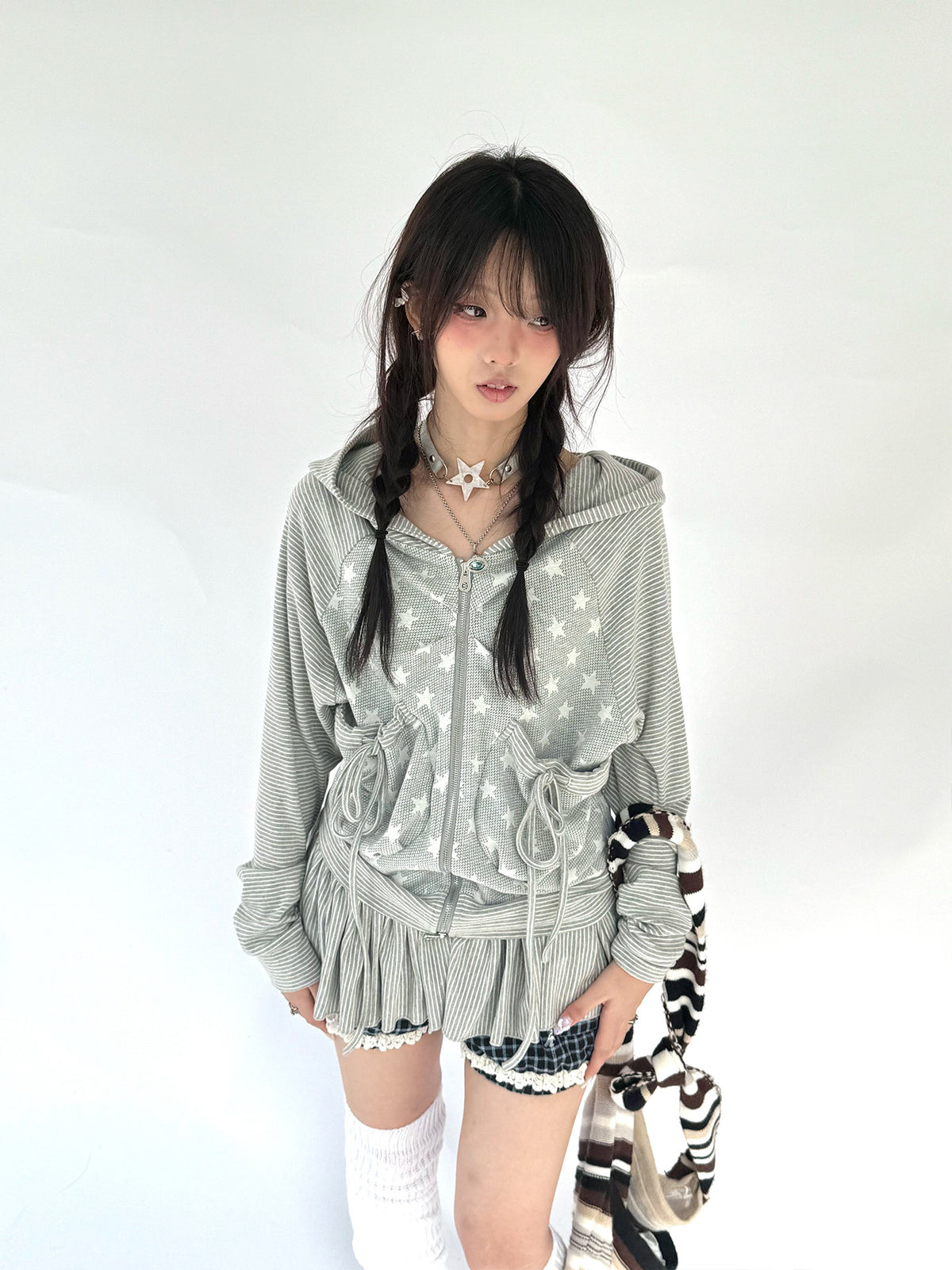 Star Ruffle Drawstring Zip-Up Hoodie