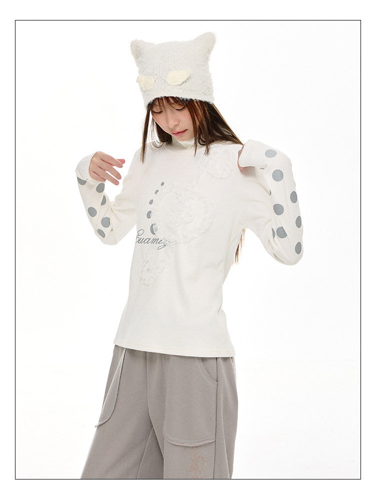 Lace Music Note Appliqué Mock Neck Long Sleeve Top