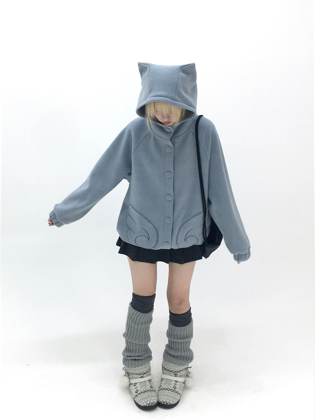 Dusty Blue & Ivory Fleece-Lined Cat Ear Wing Pocket Hooded Jacket