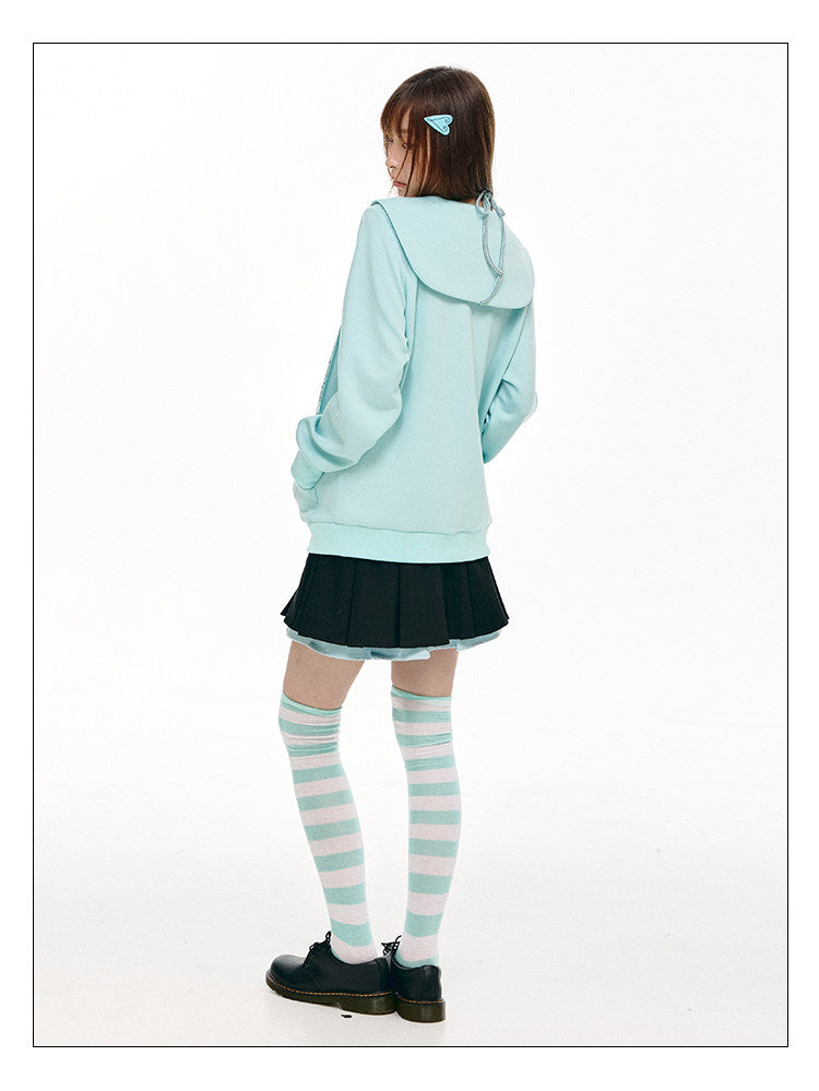 Mint Sailor-Collar Graphic Zip-Up Jacket