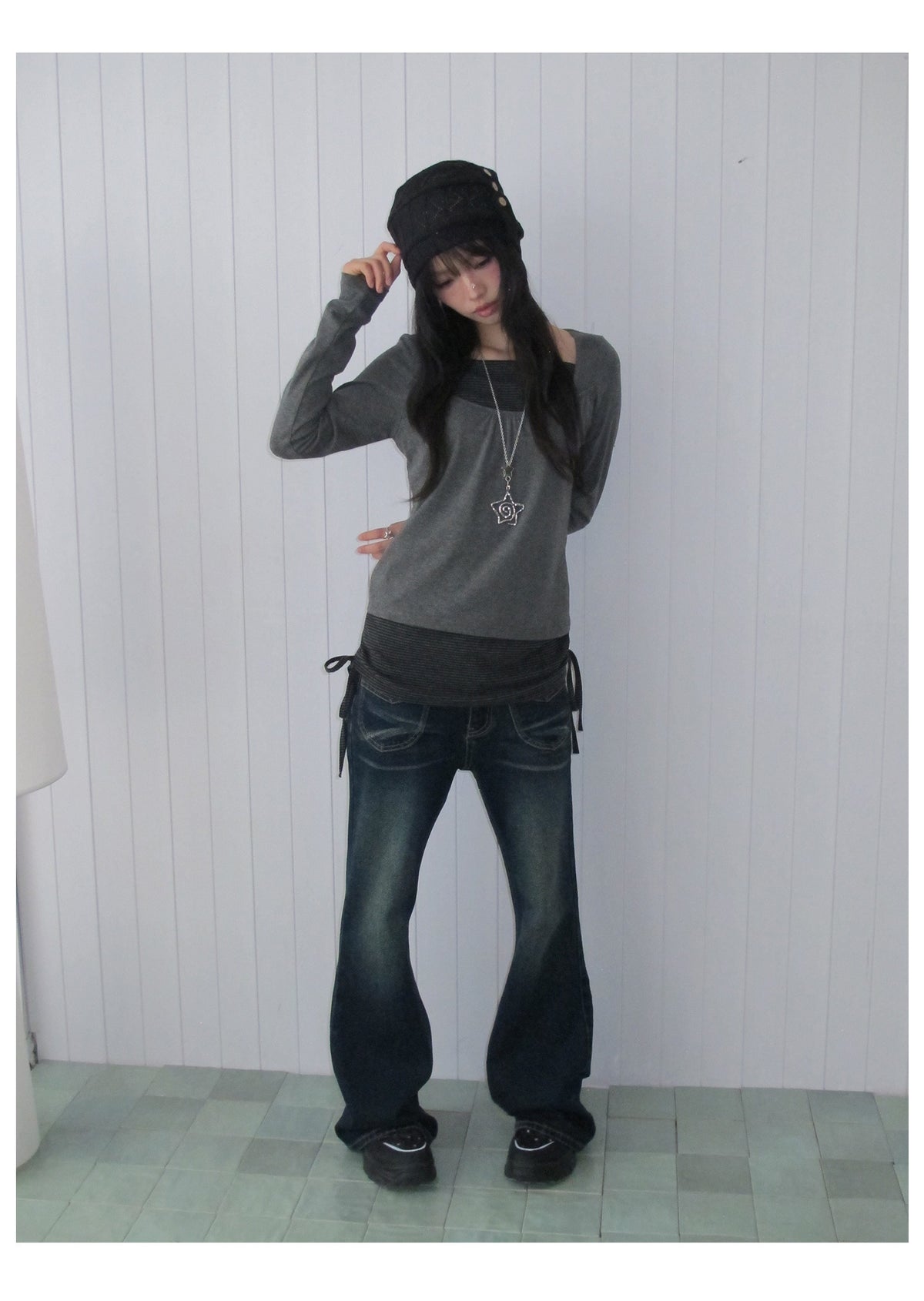 Striped Square-Neck Faux-Layer Drawstring Long Sleeve Top