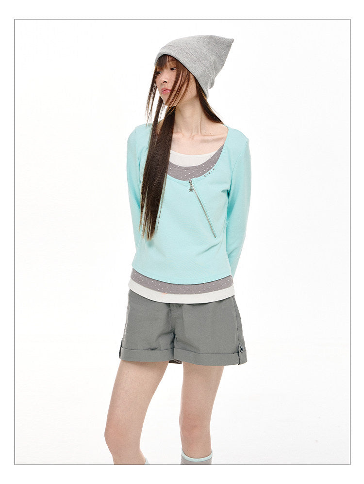 Diagonal Zip Faux-Layer Long Sleeve Top