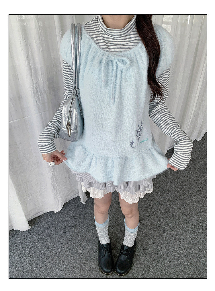 Fuzzy Ruffle Layered Two-Piece Long Sleeve Top Set