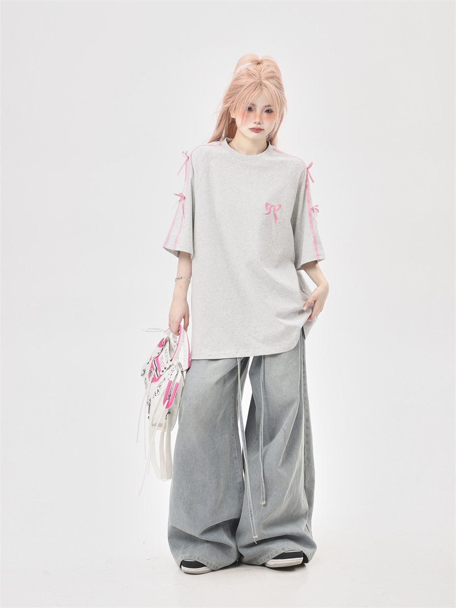 Ribbon Embroidery Side-Stripe Tee — Oversized