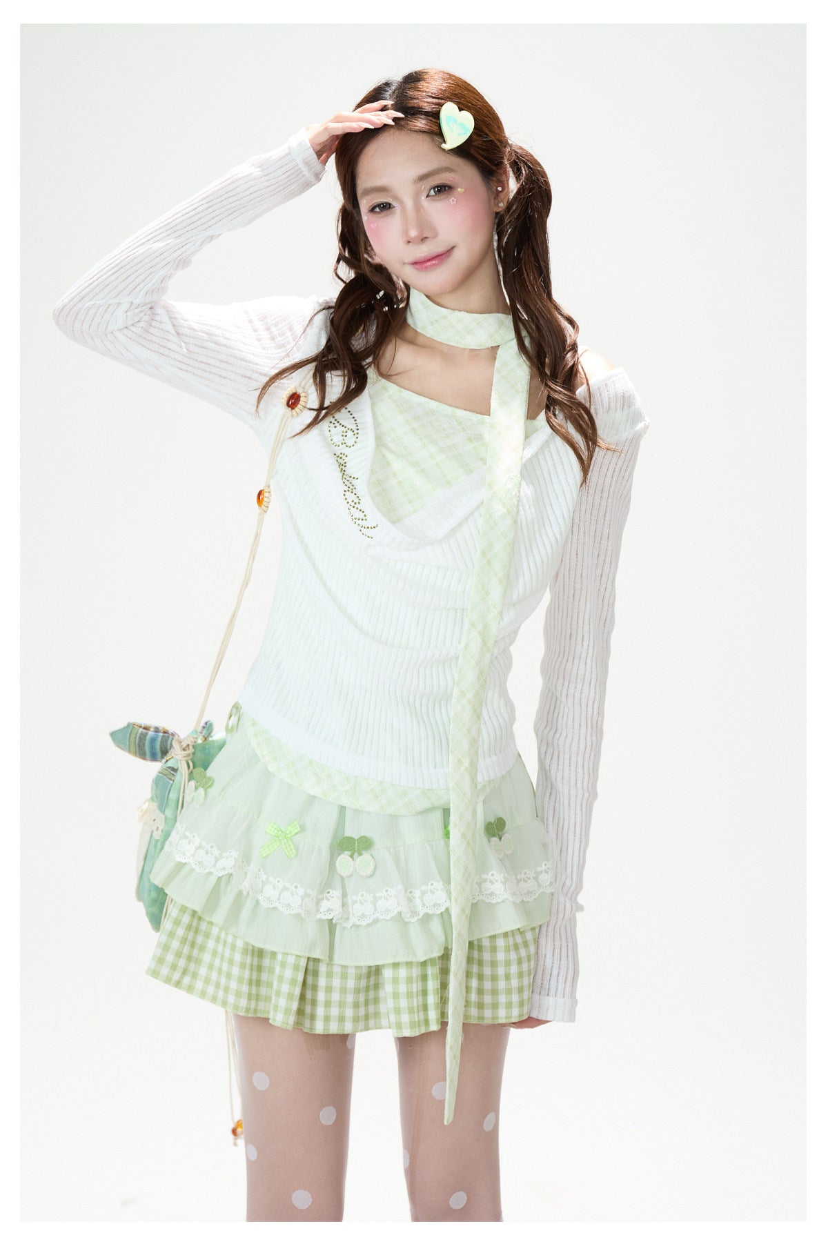 Mint Gingham Layered Knit Long Sleeve Top & Cherry Ruffle Mini Skirt