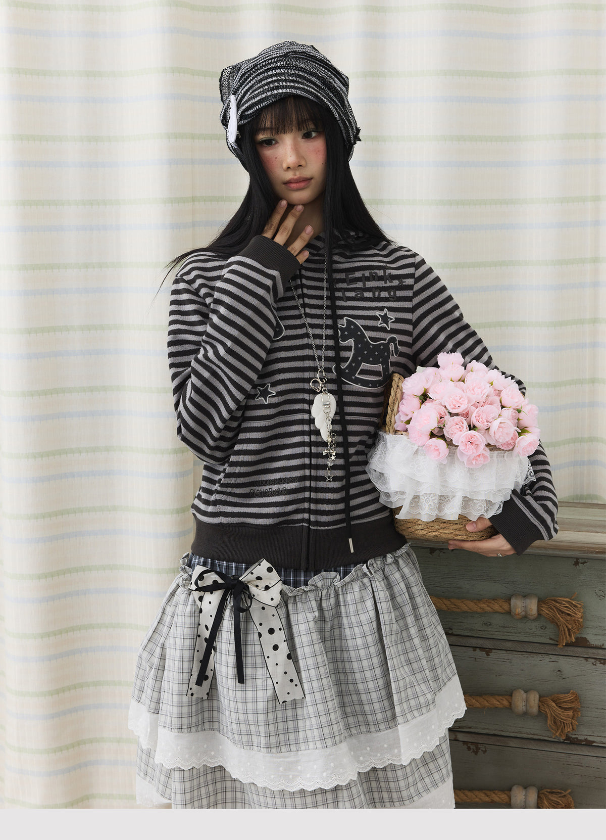 Striped Rocking Horse Embroidered Zip-Up Hoodie