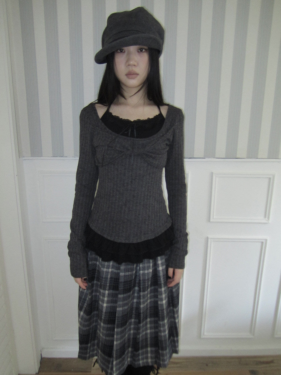 Halter-Layered Ribbed Long Sleeve Top