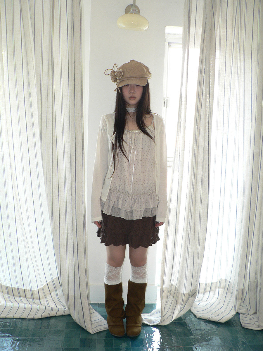 Polka Dot Ruffle Camisole & Cardigan Set with Scarf
