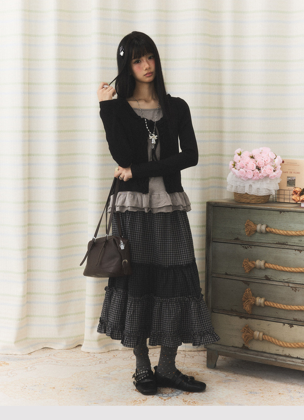 Mixed Plaid Tiered Ruffle Midi Skirt