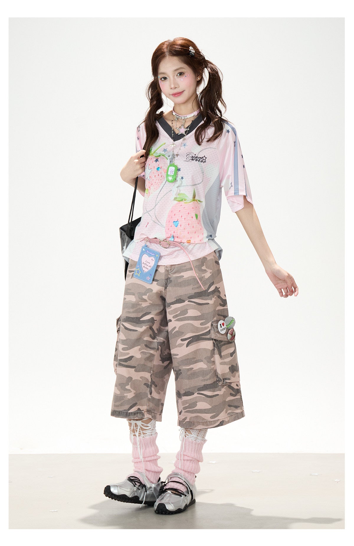 Angel Fruit Mesh Tee & Pink Camo Cargo Shorts