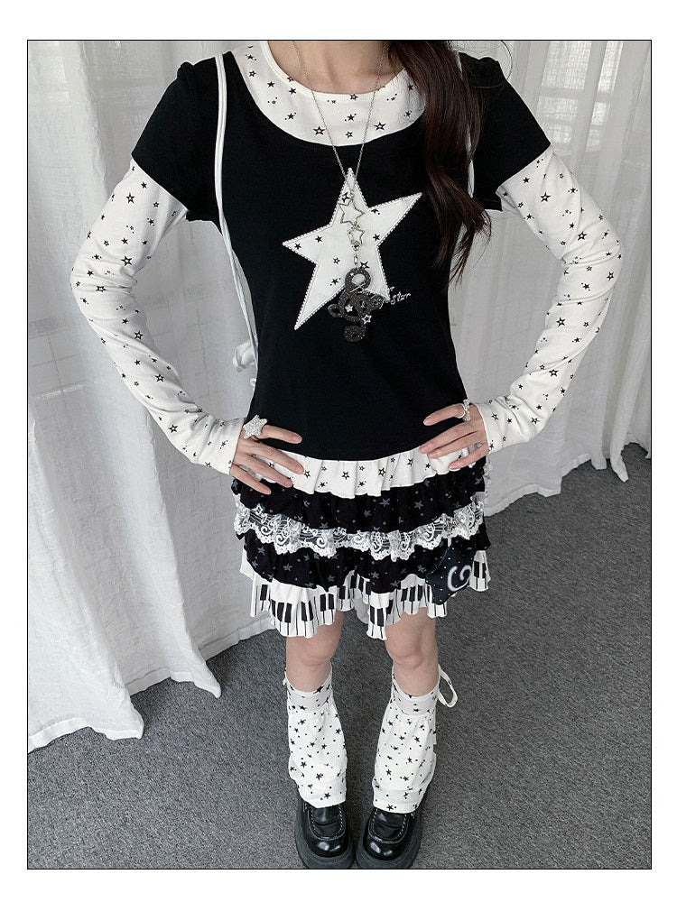 Star Appliqué Layered Long Sleeve Top