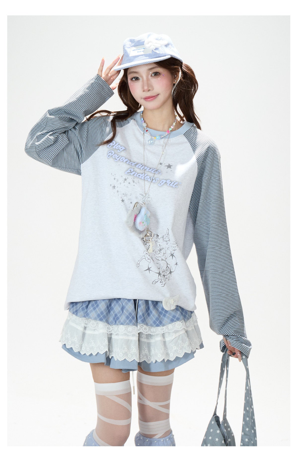 Striped Raglan Angel Graphic Long Sleeve Tee & Blue Plaid Lace Ruffle Skirt