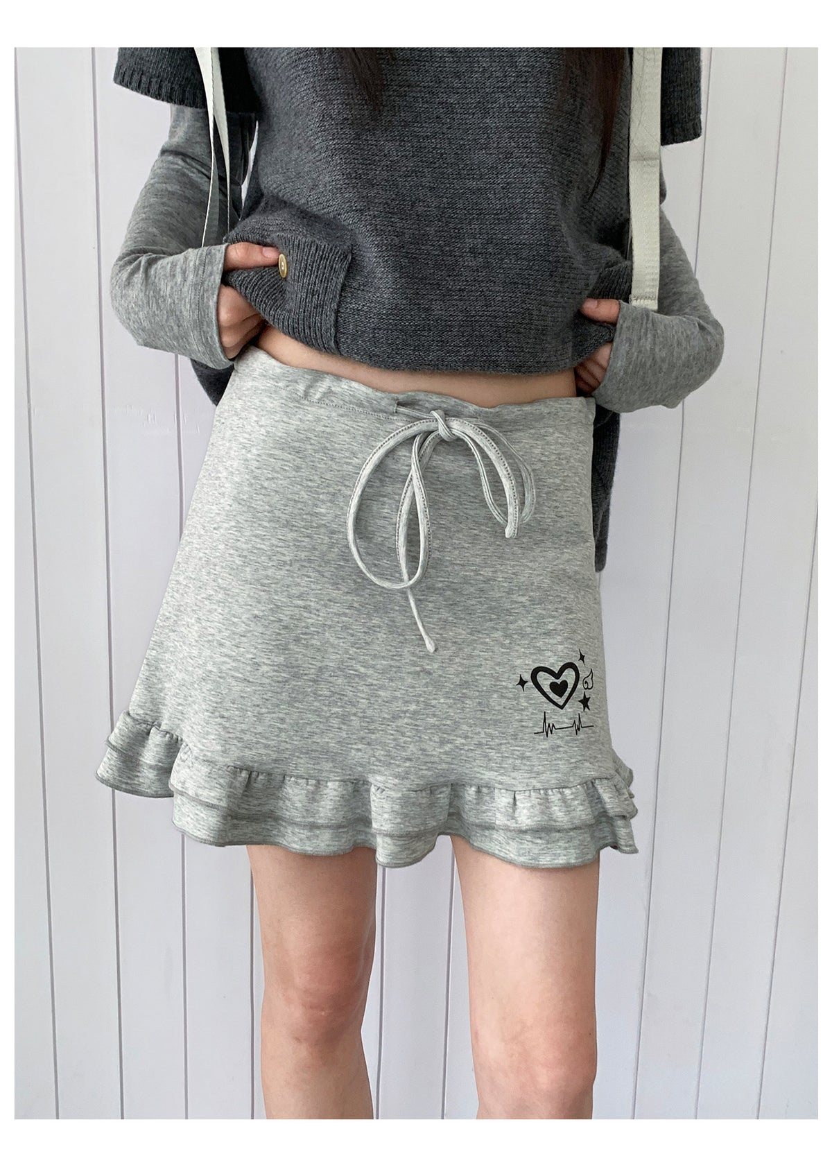 Heart Pulse Drawstring Ruffle Mini Skirt