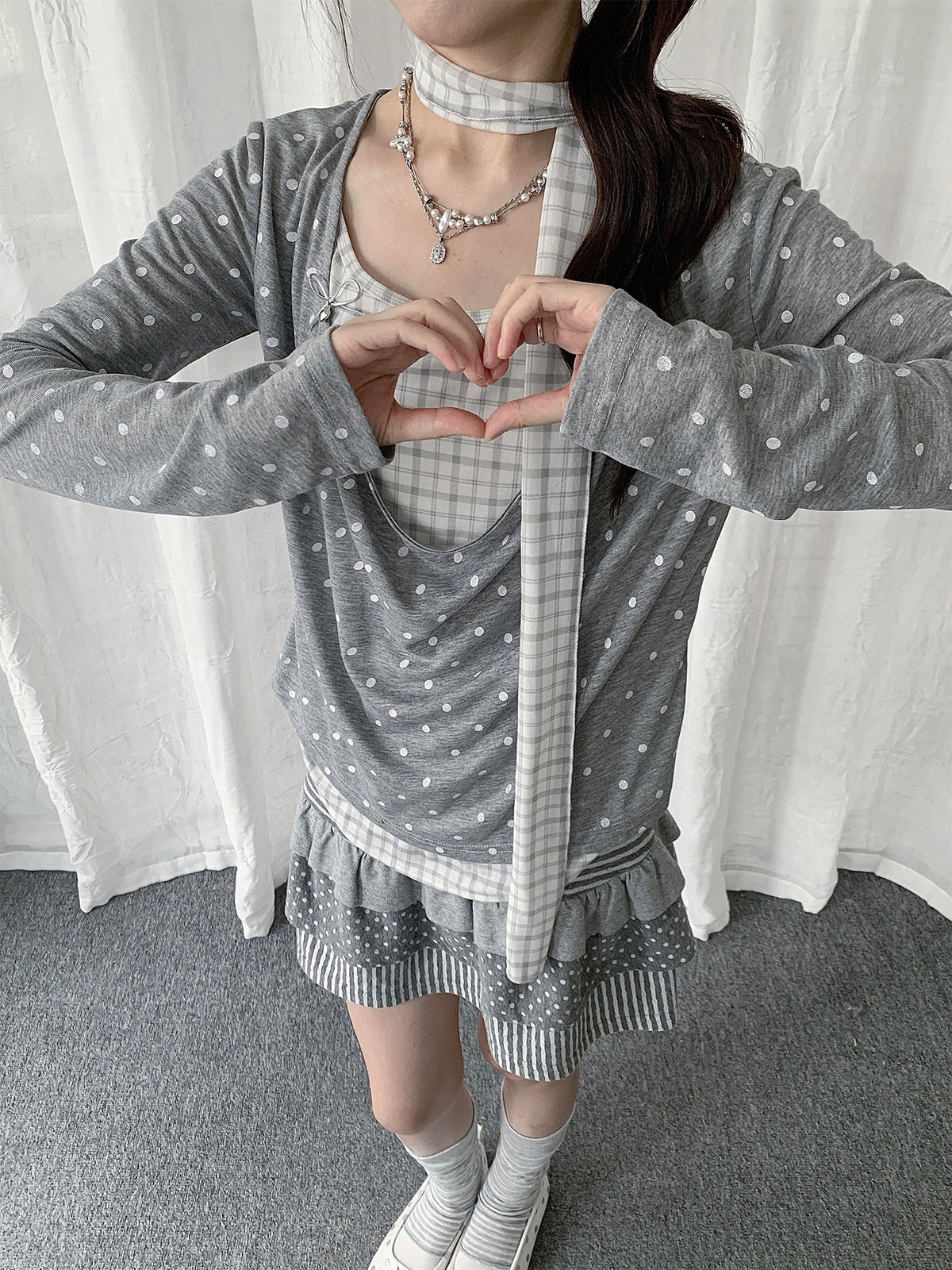 Polka Dot Plaid Scarf Layered Long Sleeve Top