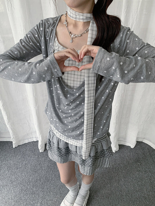 Polka Dot Plaid Scarf Layered Long Sleeve Top
