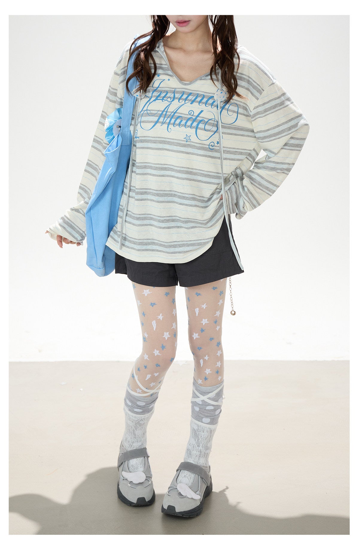 Blue Striped Hooded Long Sleeve Top & Dark Gray Drawstring Shorts